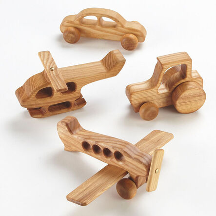 TTS Small World Wooden Vehicles \- Plane, Tractor, Car \x26 Heli 4pk  hi\-res